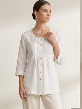 Eileen Fisher Ivory Linen Pintuck Button-Front Tunic